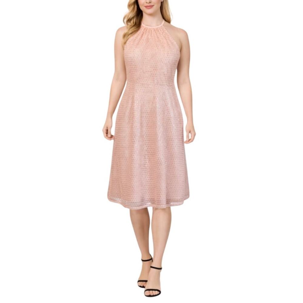 Aidan Mattox Sequined Sleeveless Halter Midi A-Line Cocktail Dress Pink Size 12